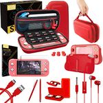 Orzly Switch Lite Accessories Bundle - Case & Screen Protector for Nintendo Switch Lite Console, USB Cable, Games Holder, Comfort Grip Case, Headphones, Thumb-Grip Pack & More- Red