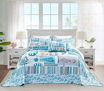 HZ & HY Coastal Oversized King Bedspread 128x120 Extra Wide, Lightweight Beach Bedding Nautical Quilt, Real Stitching, Reversible, 6 Piece, 100% Microfiber, King/California King, Coral
