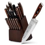 Knife Sets for Kitchen, 15-Piece High Carbon Stainless Steel Kitchen Knife Set with Block and Sharpener, Ultra-Sharp Hammered Knife Set with Triple Rivet Wooden Handle, Dishwasher Safe