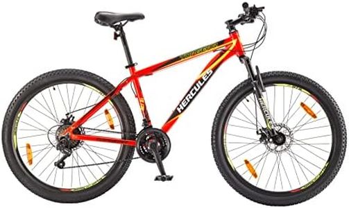 Hercules TOP GEAR-A27 R1 Mountain Cycle with Shimano Gears|27.5T|Speed Bike with Front Suspension, Disc Brake Bicycle for Boys Mountain Bike|Ideal for 13+ Years, Unisex, Frame:17inch|Matte Neon Red