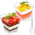 ZENFUN 100 Pack 3.5 oz Dessert Cups with Spoons, Dessert Shooter Cups, Square Mini Appetizer Cups, Clear Plastic Parfait Cups for Mousse Cake, Parties, Wedding, Tasting, Puddings