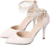 Dress First Pointed Toe Pumps High Heel Ankle Strap Shoes Wedding Party Pump with Pearl 3.54" White