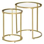 HOMCOM Set of 2 Nesting Coffee Tables with Metal Base, Round Side Table with Tempered Glass Tabletop for Living Room, Bedroom, Gold