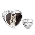 GNOCE Cat Heart Shaped Custom Photo Charm Bead Sterling Silver When Cat Fall in Love with Fish Personalized ute Animal Cat Picture Charm Fit for Bracelet Necklace