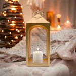 HOSLEY Classic Style Iron Lantern with One Pillar Candle|Gold Iron Hanging Lantern|Diwali Decor|Diwali Decoration for Home|Candle Holders for Home Decor|Pack of 1 (15.25 Inch High)