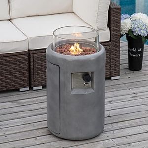 COSIEST Outdoor Propane Fire Pit Table w Compact Ledgestone 16-inch Round Graphite Base and Glass Wind Guard, 40,000 BTU, Free Lava Rocks, Touch-up Pen, Fits 20lb (Grey)