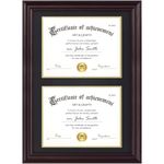 Yaetm Vertical Double Diploma Frame 14x20 for Two 8.5x11 Diplomas, Certificates, Degrees, Documents, Tempered Glass with Black Over Gold Acid-free Mats, Dual Diploma Frame, Brown/Black