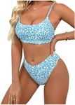 SweatyRocks Women's 2 Piece Bikini Set Ditsy Floral Print High Cut Bathing Suit Beachwear Blue White Large