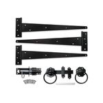 Infinity Decor Epoxy Black 18" (450mm) Tee Hinges (3) with Plain Ring Gate Latch and Brenton Bolt Pack – Wooden Garden Gate Fitting Kit for Barn, Shed Doors