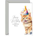 Birthday Cards for Mom - Party Hat Cat Kitten - Happy Birthday Card for Mom from Son Daughter, A5 Bday Gifts Greeting Cards for Women Her