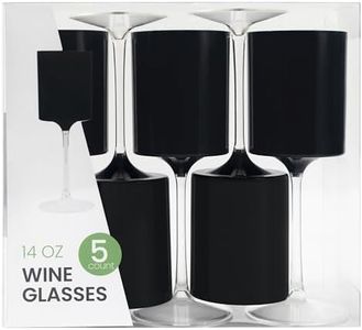 PLASTICPRO 10 Pack Plastic Wine Goblets 14 oz Two Tone Elegant Disposable Wine Glasses with Stem Reusable Hard Plastic Drinking Glasses for Parties Weddings, Black and Clear