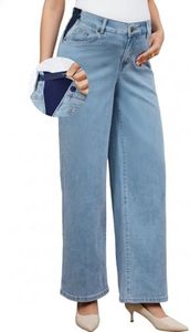 OUGES Womens Stretchy Maternity Jeans Loose Fit Straight Leg High Waist Denim Wide Leg Business Casual Work Pants Pregnancy Must Haves Mom Jeans Trendy Maternity Clothes with Pockets(Light Blue,XXL)