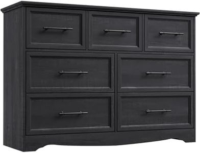 YANSNWO Black Farmhouse Dresser for Bedroom, Modern 7 Chest of Drawers, 47" Wide Chest of Drawers w/Brushed Metal Handle, Wood Dresser TV Stand and Storage Cabinet for Bedroom, Living Room, Hallway