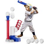 HYES T Ball Sets for Kids 3-5, Tee Ball Set with Step on Pitching Machine/Adjustable Batting Tee/Retractable Baseball Bat/8 Balls, Outdoor Sport Toy Games for Boys Toddlers