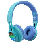 Riwbox Kids Bluetooth Headphones, WT-7S LED Light Up Foldable Stereo Kids Headphones Wireless&Wired with Microphone for School/PC/Phone/TV/Tablet (Blue&Green)