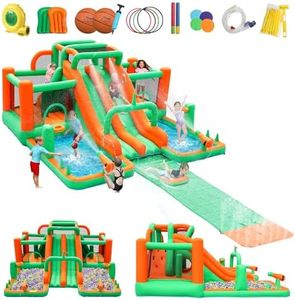 Doctor Dolphin Inflatable Water Slide with 2 Bounce Houses, Mega 10-in-1 Water Park for Kids Backyard with Dual Racing Slides and 6m Water Runway, 750W Blower, Blow Up Bouncer with 2 Surfboards