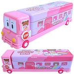 HIGH TRUSTED® 2 in 1 Cartoon Printed School Bus Shaped Pencil Compass Box and Toy for Kids with Wheels and Sharpener Metal (PINK)