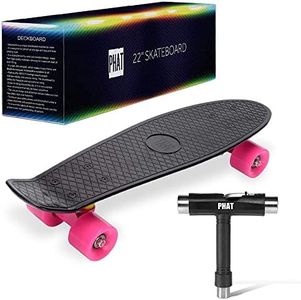 PHAT Penny Board, Plastic Kids Skateboard, Cruiser Board with All-in-One Skate T-Tool, 22" Mini Skateboard (Black-Pink)