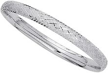 14k White Gold Sparkle And Diamond Shape Pattern Bangle Bracelet, 7"