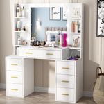 PAKASEPT Vanity Set with Lighted Mirror, 43'' Makeup Vanity with Charging Station, Vanity Desk with 9PCS LED Bulb, Storage Shelves, 7 Drawers for Bedroom(No Stool)