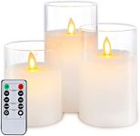 LTETTES Flameless Battery Operated Real Wax Glass Led Candle 3"x4"5" 6" Set of 3 Night Lamp Candles with Remote Control & Timer for Home Decorations, Festival, Wedding, Birthday, Gifting