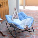 SWITTE Outdoor Rocking Chair, Patio Egg Rocking Chair, Indoor Papasan Chair, Rattan Wicker Lounge Chair, Modern Royal Chair for Bedroom, Living Room, Porch, Garden, Lawn-Blue