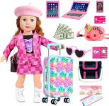 18 inch Doll Clothes Accessories Girl Suitcase Luggage Travel Set Including 18 inch Doll Clothes Hat Handbag Sunglasses Camera Computer Passport Cell Phone Tablet, Gift for Christmas Birthday