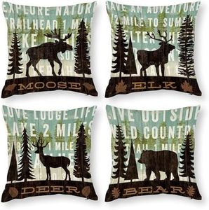 BBKD Set of 4 Vintage Wildlife Decorative Throw Pillow Covers 16x16 Inch, Elk Moose Bear Deer Pine Tree Forest Mountain Polyester Cushion ，for Living Room, Couch and Bed（Wildlife,16x16）