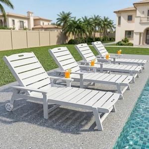 Pool Lounge Chairs Set of 4, All-Weather Outdoor Lounge Chair with Wheels & Cup Holder for Poolside, Heavy Duty 5-Position Adjustable Plastic Lawn Pool Lounger Chairs, Waterproof Outside Sunbed, White