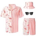 4Pcs Men's Hawaiian Shirt and Short Set Casual Button Down Summer Beach Flower Outfits with Bucket Hats and Sunglasses (Vivid Flamingo,L Size)