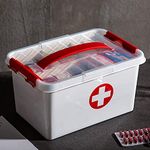 Flareza Portable Double Layers Medical Box Rectangular Medicine Cabinet Household First Aid Kit Household Plastic Pill Storage Box with Detachable Tray and Handle (White & Red, Standard size)