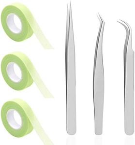 3 Rolls Eyelash Extension Tape with Tweezers, SourceTon Micropore Fabric Tape Roll 0.5 Inch 10 Yards (Green) with 3 PCS Straight Pointed and Curved Tweezers (Silver)