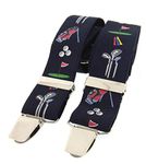 Farm Cottage Brands Luxury Navy Blue Golfing adjustable Themed Braces in a presentation box - for shorts or trousers, featuring clubs, tee pins, balls etc.