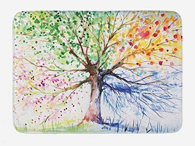Ambesonne Tree Bath Mat, Watercolor Nature Colorful Blooming Branches 4 Seasons Themed Illustration Print, Plush Bathroom Decor Mat with Non Slip Backing, 30.2" x 20", Blue Green