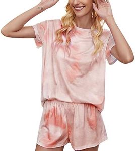 Venchica Women Pajamas Set Tie Dye Print Short Sleeve Shirt Elastic Shorts Pant 2 Pieces PJ Set Sleepwear Loungewear Nightgown Light Orange