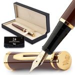 Wordsworth & Black Fountain Pen Kit, 18K Medium Gold Nib, Includes 24 Ink Cartridges, Ink Refill Converter and Gift Box, Gold Finish, Calligraphy, [Golden Brown]