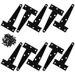 10Pcs 4inch T-Strap Light Duty Shed Hinge Gate Strap Hinge Door Barn Gates Hinges Black Wrought Hardware Iron Rustproof with 60 Pcs Black Screws