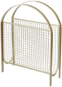 MyGift Mid-Century Magazine Holder Floor Standing Rack Sling with Brass Tone Metal Frame and Mesh Sling