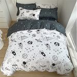 Koudi Outer Space Duvet Cover Set Twin Grey/White Galaxy and Rocket Printed Bedding Set Reversible Astronaut Comforter Cover with Zipper Ties