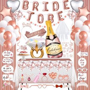 Bachelorette Hens Party Decorations, Rose Gold Bridal Shower Party Decor and Supplies Kit - Includes Glitter Bride Sash, Bride to Be Balloons, Tiara, Flash Tattoos, Fringe Curtains