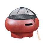 Teamson Home Outdoor Wood Burning Fire Pit, Small Round Fire Pit, Outdoor Chimenea, Firepit, Fire Bowl Log Burner with Poker, Grill and Lid, Red