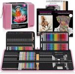 HIFORNY 136 PCS Drawing & Sketching Set,Pro Art Supplies with Graphite,Charcoal,Colored,Watercolor,Metallic Pencils,Blending Tools,Sketchbook,Watercolor Book and Coloring Book in Zipper Case (Pink)