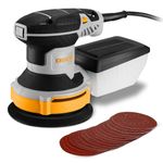 Electric Random Orbital Sander Power: DEKOPRO 14000OPM Sanders Machine 5 Inch, Variable Speed, Dust Vacuum Collection with 16pcs Sandpapers for Woodworking, Sanding, Yellow&Grey