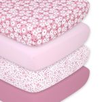 The Peanutshell Floral Crib Sheets for Girls, Fitted Baby Bed Sheet Set, Standard Size Crib Mattress, 52x28, Daisy Wildflower Nursery Decor, 4 Pack in Pink, White