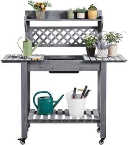 Yaheetech Potting Bench Table Outdoor Garden Potting Table Wooden Workstation w/Sliding Tabletop Removable Sink w/Storage Shelf Flower Pot Bench Mobile Garden Potting Bench Gray