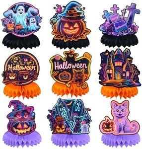 Wothfav Halloween Decoracion Mesa, 9 Piezas Decoraciones de Mesa para Fiestas de Halloween, Halloween Centros de Mesa de Nido de Abeja, Diseños de Calabaza, Fantasma, Gato, Tumba - Sin Luminiscencia