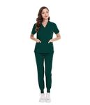 MEDSKIN Scrubs Set for Women - Stretch V-Neck Scrub Top & Jogger Trouser Pants with 8 Pockets (Hunter Green, 2XL)