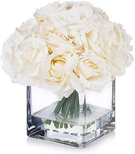 Enova Floral 18 Pieces Artificial Silk Roses Fake Flower Arrangement in Cube Glass Vase with Faux Water for Home Office Wedding Decoration (Cream)