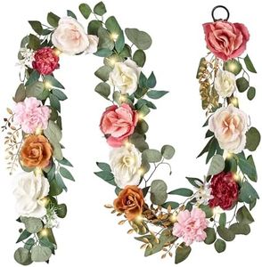 Valery Madelyn Pre-Lit Spring Flower Garland for Mantle with Lights, 6 feet Fake Roses Artificial Floral Vines Hanging Garland Decorations for Mothers Day Wedding Anniversary Party Table Home Decor