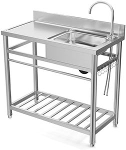 GarveeHome 39 In Stainless Steel Commercial Utility Sink Set – Free Standing Single Bowl Sink w/Hot-Cold Faucet, Workbench, Drainboard & Storage – Indoor/Outdoor Kitchen Sink for Restaurant, Farmhouse